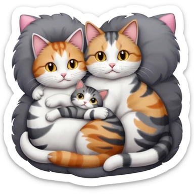 full body colourful light patched calico + white tabby cat cuddling a bigger cat that is dark grey and white tabby cat  and they are in love sticker