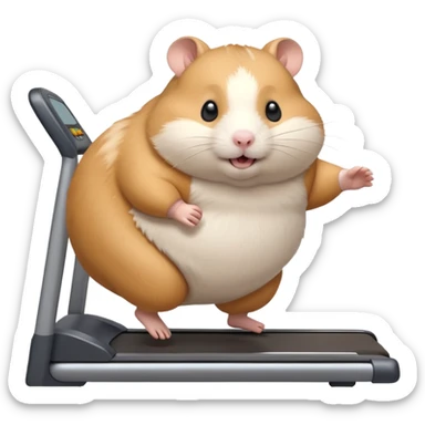 fat hamster big belly trying to run on treadmill sideways desperately trying to catch up with speed sticker
