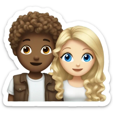 straight blonde hair blue eyed girl kissing mixed boy with curly brown hair sticker