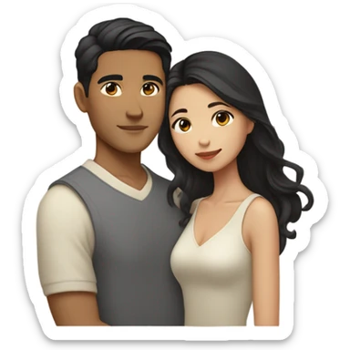 A half pale Asian man with short dark hair and amber eyes embracing and loving a half Asian woman with long wavy dark hair and dark hazel eyes. They love each other a lot And have good fashion taste. sticker