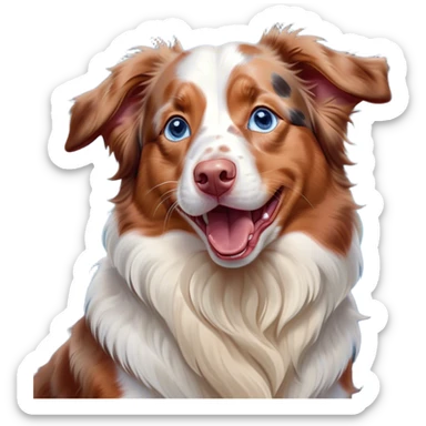 Cinematic Cute Yawning Predominantly White Red Merle Australian Shepherd Portrait Emoji, Head tilted slightly with a dramatic, wide-open yawn, predominantly white fur with hints of red merle, floppy ears slightly drooping, round blue eyes barely open in drowsy contentment, Simplified yet irresistibly adorable features, highly detailed, glowing with a soft, cozy glow, high shine, relaxed yet expressive, stylized with a touch of whimsy, bright and endearing, soft glowing outline, capturing the essence of a sleepy yet affectionate pup, so drowsy it feels like it could stretch right out of the screen and curl up for a nap! sticker