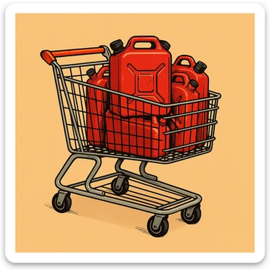 Сгенерируй мне тележку из магазина с красными канистрами бензина   на однородном фоне в стиле чуть чуть  комикса. Канистра стоит четко прямо. без надписей sticker