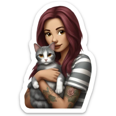 Beautiful burgundy haired tattooed woman holding gray and white striped long hair cat sticker