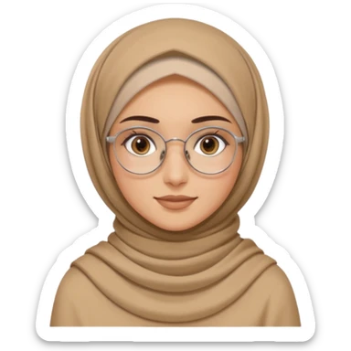 young woman with wheat-toned skin, dark brown eyes, slightly thick natural eyebrows, long eyelashes, wearing a soft beige hijab and thin silver round glasses, gentle warm smile, minimal makeup, modest brown top, subtle gold layered necklace sticker