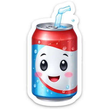 Cute Kawaii Soda Can, bubbly and vibrant, bright red and blue stripes, playful fizz popping around, a chubby happy face with wide sparkling eyes, energetic and refreshing! sticker