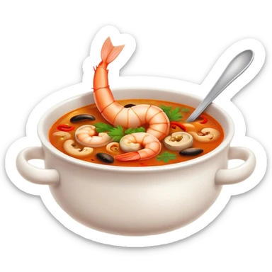 Cinematic Realistic Tom Yam Kung Soup Dish Emoji, showcasing a spicy, sour shrimp soup with herbs and mushrooms rendered with lifelike textures and bold, dynamic lighting. sticker