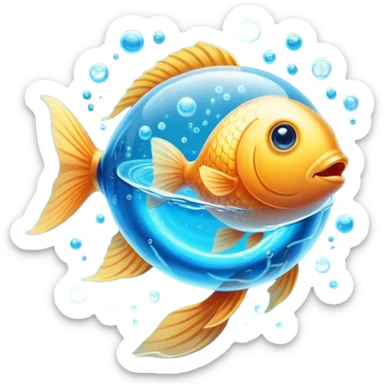 Golden fish in blue water transforming into an omega-3 capsule, with ethereal energy connecting to a heart and brain, showing the origin of omega-3 from fish sticker