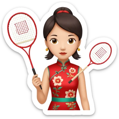 ancient cheongsam girl with 1 badminton racket, red sticker