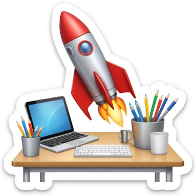 rocket taking off from a desk with office supplies, representing a business launch, clean modern emoji style sticker