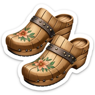 Cinematic Realistic Wooden Clogs Emoji, depicted as a pair of traditionally carved weathered wooden clogs with intricate details and rustic charm, rendered with rich textures and warm natural lighting that captures their cultural heritage. sticker