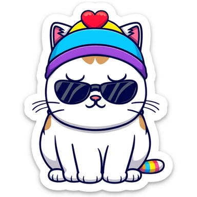 grumpy cat wearing a rainbow beanie and heart-shaped sunglasses sticker