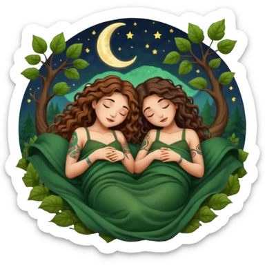 two forest alchemist women — one with long wavy brown hair and tattoos, one with short tight curly brown hair — sleeping back to back under leaf blanket crescent moon above sticker