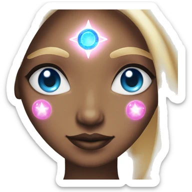 magical diva with thin pink andromedan face long blonde hair and blue eyes glowing third eye sticker