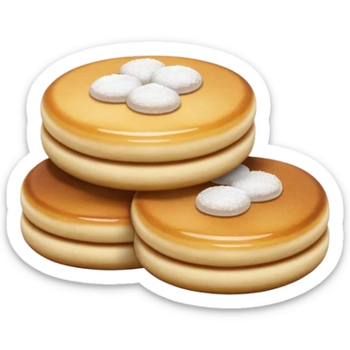 Cinematic Realistic Poffertjes Dessert Emoji, depicted as small, fluffy mini pancakes dusted with powdered sugar rendered with lifelike texture and warm, inviting lighting. sticker