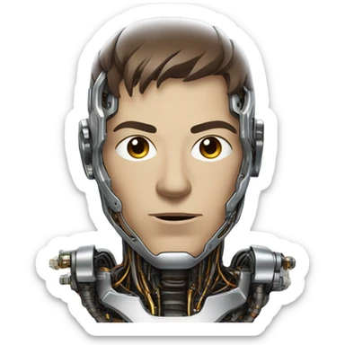 Male cyborg head with metallic plated face, short brown hair and circuitry sticker