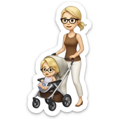 White women with brown hair and glasses pushing buggy with blonde baby sticker