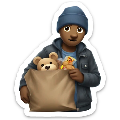 A clumsy and tender-hearted burglar, dressed in mismatched clothes, with a nervous yet kind expression, holding a sack of stolen goods spilling out with harmless items like teddy bears and cookies. sticker