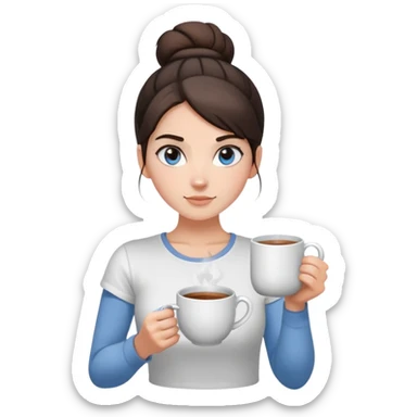 With her dark brown hair pulled back in a bun, and captivating grey-blue eyes, the girl holds a mug of tea, the steam rising like a gentle promise of warmth, clad in a simple white t-shirt.  sticker