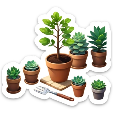 Close-up of a potted sapling in rich soil surrounded by vibrant plants and succulents. Bright sunlight filters through the window, casting soft shadows. Nearby gardening tools rest on a wooden table. Cozy indoor atmosphere with greenery and flowers. sticker