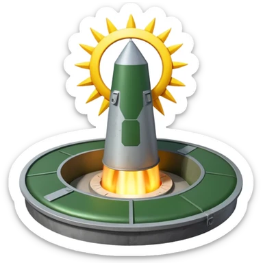 green landscape with sun in top of the background, there is a greynmissile silo hatch open, and the top two thirds of a white nuclear missile launching out of the silo is shown sticker