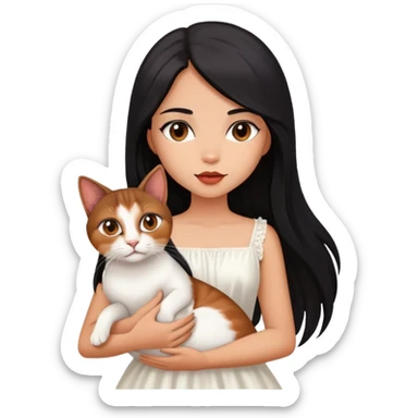 beautiful girl with long black hair wearing a white dress holding an Abyssinian cat with reddish-brown fur in her arms sticker