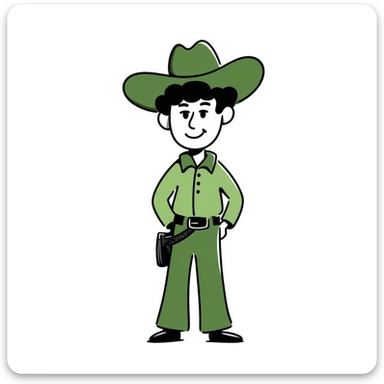 Hand-drawn cowboy character with green shirt, green pants, and matching green cowboy hat, western style sticker