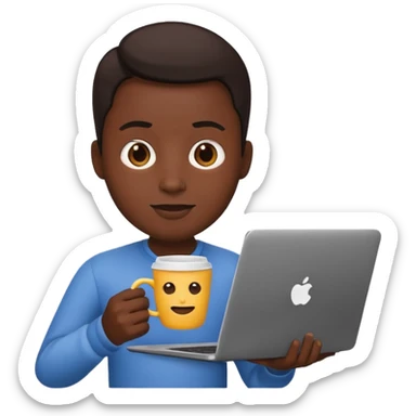 developer emoji, person with a coffee cup and laptop, black skin tone sticker