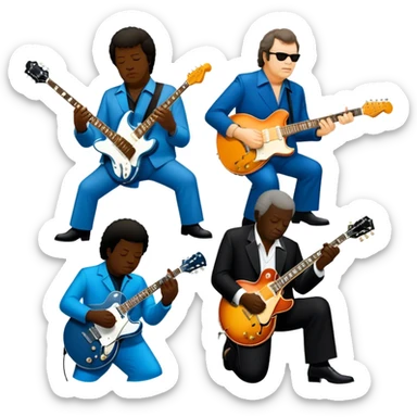 Icon for Blues Music: close-up collage of legendary blues artists. Gary Moore, Eric Clapton, B.B. King and Joe Cocker. Represented by silhouettes or symbolic items like guitars, microphones, or music notes, reflecting the soulful energy of blues music. Transparent background. sticker