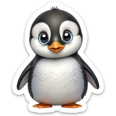 Cinematic Cute Baby Penguin Portrait Emoji, Head tilted playfully and inquisitively, with irresistibly fluffy plumage accented by a tiny beak and round, sparkling eyes filled with wonder, Simplified yet irresistibly adorable features, highly detailed, glowing with a warm, friendly polar glow, high shine, affectionate and lively, stylized with a touch of whimsical charm, bright and endearing, soft glowing outline, capturing the essence of a mischievous yet loving penguin that feels like it could slide out of the screen into your arms! sticker