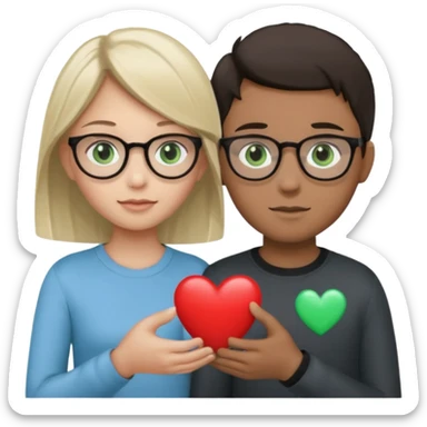 la chica es piel morena clara con pelo oscuro con ojos cafes sin lentes la ropa negra, el chico es de test blanca con gafas y pelo rubio ojos verdes y la ropa de color gris y el corazon que sostienen debe ser azul claro sticker