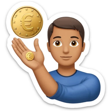 An open hand facing upwards holding a coin with a euro symbol in the center. The coin is placed slightly above the palm, symbolizing financial support or budget. sticker