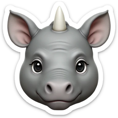 cinematic-noble-cute-young rhinoceros-portrait-emoji,slate-grey-hide-poised-and-regal,-with-a-massive,-powerful-build-and-a-thick,--deep-set-soulful-piercing-eyes,-simplified-yet-sharp-and-sophisticated-features,-highly-detailed,-large-black-eyes, white horn, front facing, zoomed out showing shoulders sticker