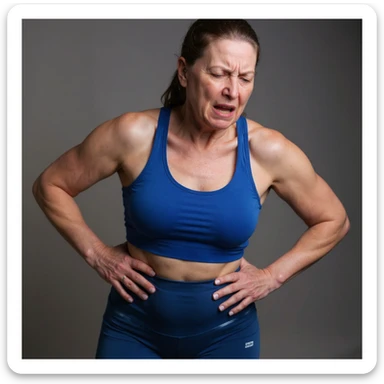 Realistic style image of a woman in sportswear inspired by the reference photo, showing pain in the lower back, with both hands on the lumbar area and a pained expression, neutral background. sticker