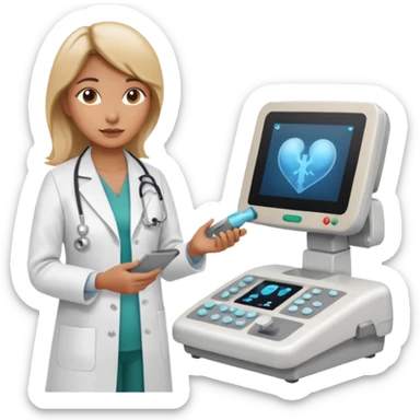 female doctor and ultrasound technician adjusting knobs on an ultrasound machine sticker
