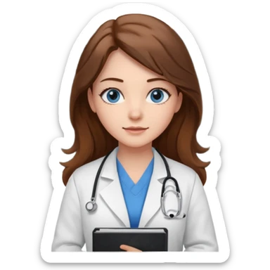 pretty female nursing student with long brown hair, blue eyes inside a classroom at university with blackboard behind her sticker