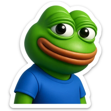 pepe in
- 3d style
- bright green
- blue shirt
- smiling
- looking straight at the camera
- good highlights and shadows
- 30deg angled towards the right sticker