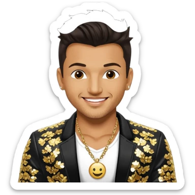 Peter Andre with dark brown hair, black sequin jacket, shirtless with necklace sticker