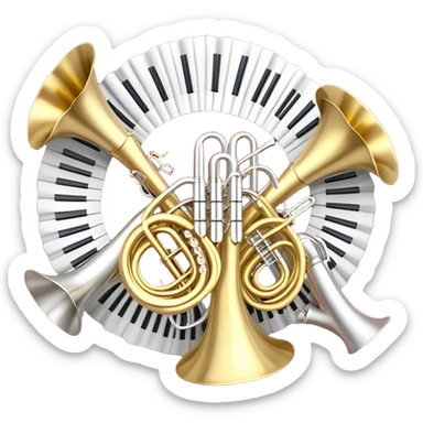 Create a festive and elegant emoji collage featuring a bouquet or fan of bells of wind instrument  (trumpets, saxophones, trombones, tubes, etc.) arranged in a radiant, symmetrical pattern. The instruments should have polished, golden and silver finishes, with their large, shiny bells forming a beautiful, fan-like display. Include a flowing ribbon of musical notes swirling through the center, conveying movement and melody. The background should feature a deep red velvet texture, adding a touch of luxury and sophistication. The overall composition should be balanced, with an elegant and regal feel, with a transparent background to keep focus on the instruments and musical elements. sticker