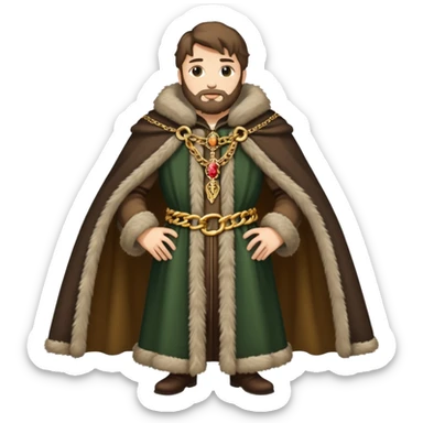 Full body of wealthy medieval merchant in fine clothes, fur-trimmed cloak, and gold chain sticker