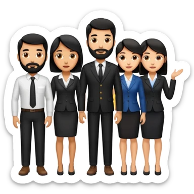 4 people, one man with beard, one man and two women,yellow skin office style,black hair,  sticker