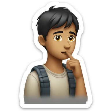 A close portrait of a young boy with his finger on his chin looking like he is in deep thoughts sticker
