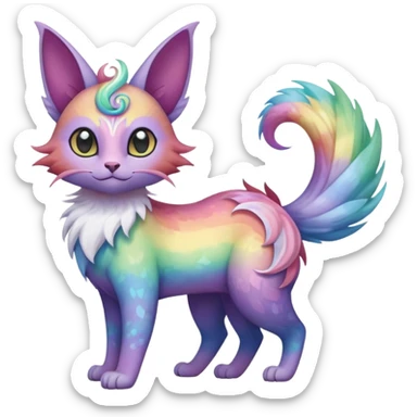 White pastel iridescent rainbow-gradients-color-marked with swirly patterns butterflies  faerie-Noivern-Noibat-Purloin-Torracat-Lykoi-Caracal-cat-Fakemon-fusion-hybrid-creature sticker