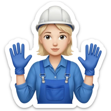 Russian factory worker gender neutral in blue overalls with gloves industrial background sticker