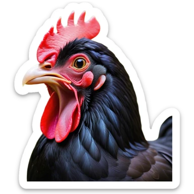 Cinematic Cute Yawning Black Chicken Portrait Emoji, Head tilted slightly with a dramatic, wide-open yawn, showcasing a soft, glossy black plumage with subtle hints of iridescence and a distinctive red comb, floppy wings slightly drooping, round beady eyes barely open in drowsy contentment, Simplified yet irresistibly adorable features, highly detailed, glowing with a soft, cozy glow, high shine, relaxed yet expressive, stylized with a touch of whimsy, bright and endearing, soft glowing outline, capturing the essence of a sleepy yet affectionate chicken, so drowsy it feels like it could stretch out of the screen and curl up for a nap! sticker