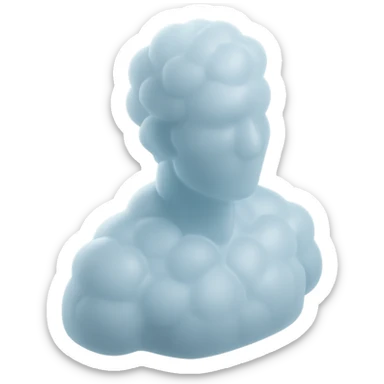 person looking straight, fully made of white fluffy convex clouds, shoulder up, matte glass style sticker