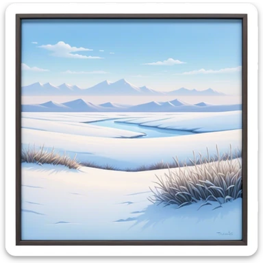Cinematic Realistic Tundra Emoji in a wooden frame, Vast and cold, with wide expanses of snow-covered ground, sparse grasses poking through, and the occasional hardy shrub breaking up the pale white landscape. The sky above is a pale, frosty blue, and the light reflects off the snow, creating a serene yet starkly beautiful environment. Soft glowing outline, capturing the essence of a quiet, still, frozen wilderness where life endures despite the harsh conditions. sticker