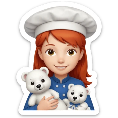 girl kid italian chef, red haired, uniform, holding plush polar bear sticker