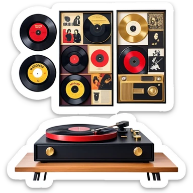Icon for Vinyl Record Collecting: large black, golden and red vinyl records in decorative packaging featuring artist images, neatly arranged on a wall or shelf, modern vinyl record player. The icon should reflect the aesthetic and artistic aspect of collecting vinyl records. Transparent background. sticker