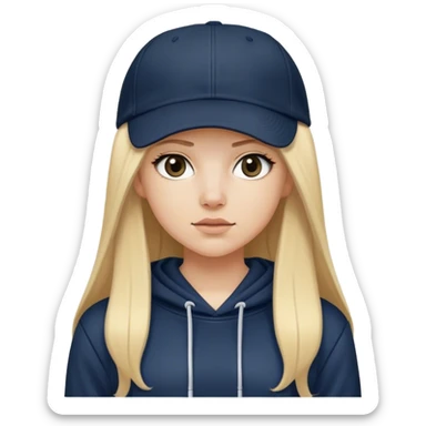 White girl with long straight blonde hair with a middle part wearing a black baggy hoodie with a navy blue baseball cap on. Make the hoodie black with no strings on it  sticker