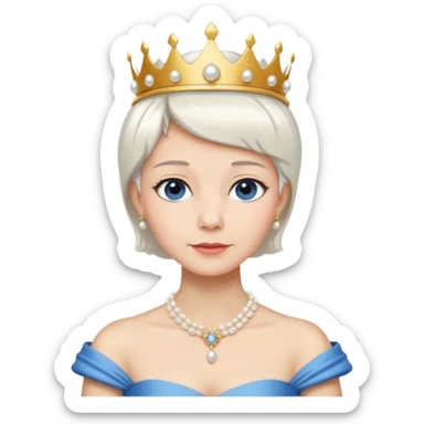 Queen with white short hair – gold tiara, pearl necklace, elegant gown, blue dress sticker